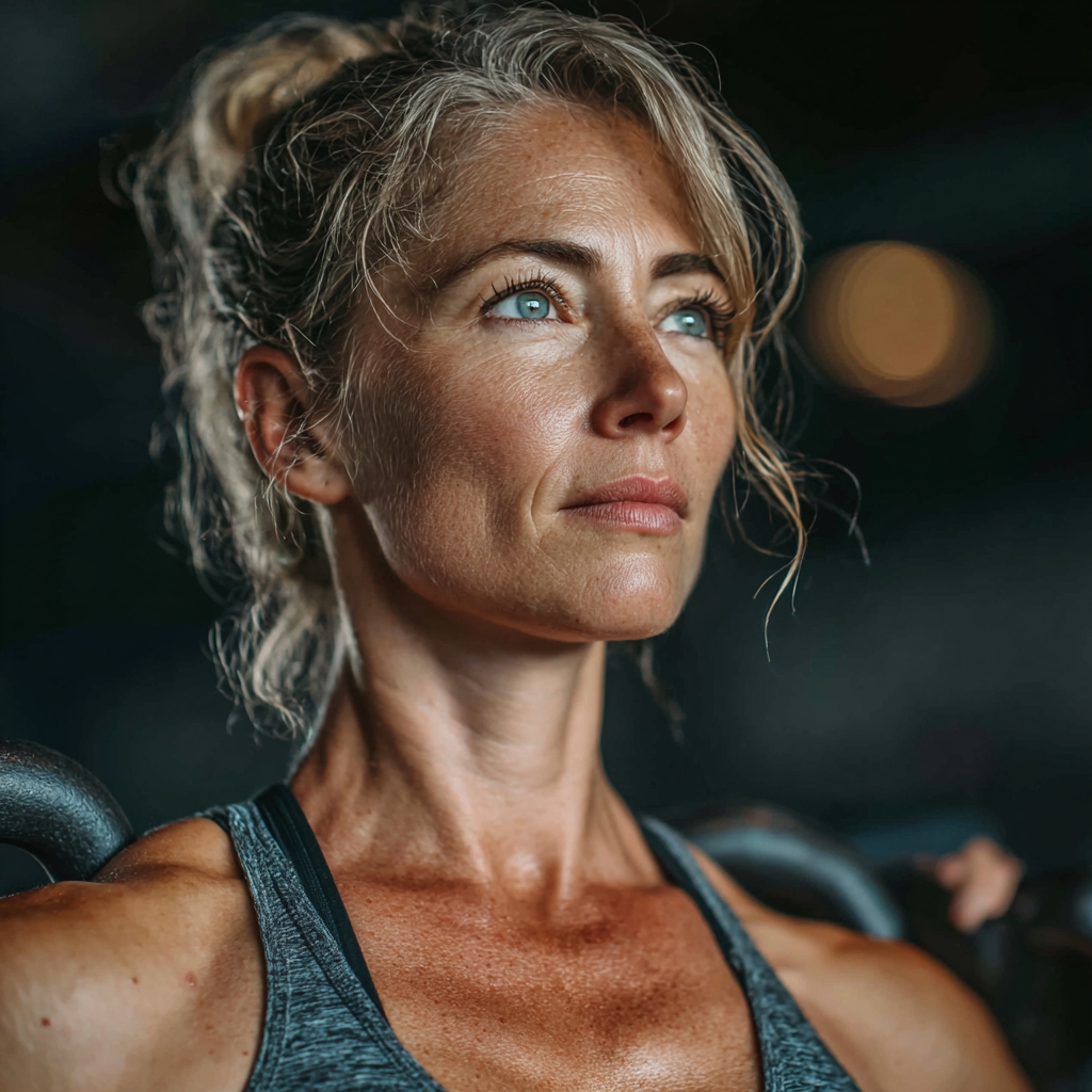 Confident mature woman in her late 40s performing functional exercises with kettlebells in a well-lit gym, demonstrating proper form and technique while wearing comfortable athletic wear