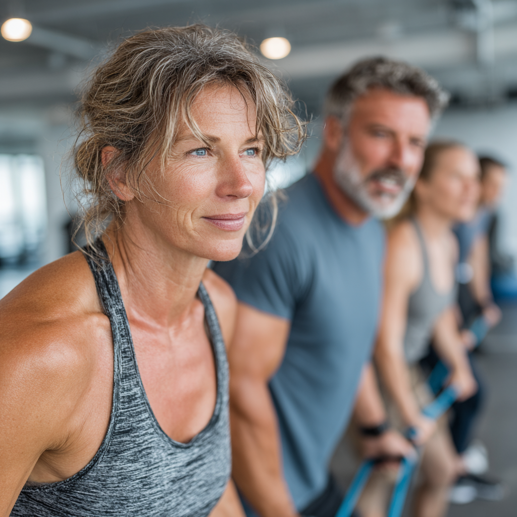Energetic group of mature adults aged 40-55 exercising together in a bright modern fitness studio, showing diverse participants engaged in functional movement training with resistance bands and body weight exercises